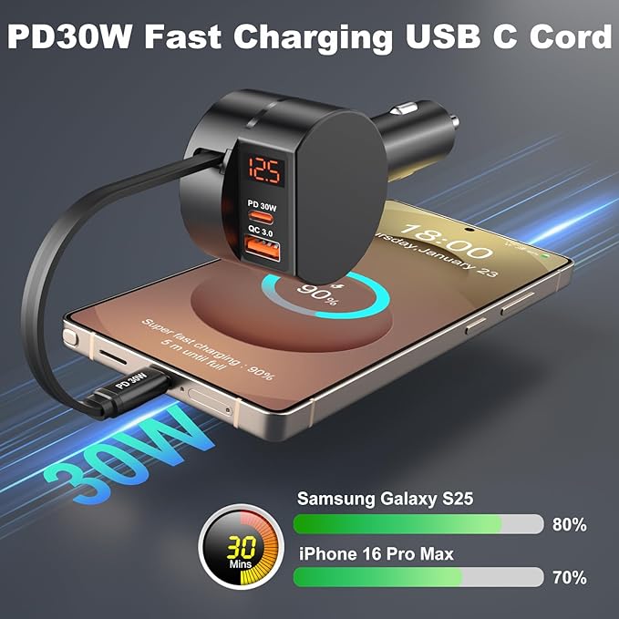 78W Retractable Car Charger USB C, OKRAY 3-Port 12v Cigarette Lighter Adapter PD30W Fast Charging Type C Car Phone Charger & Coiled USB C Cables for iPhone 17 Air 16 15 Pro, Samsung Galaxy S25 S24 A16