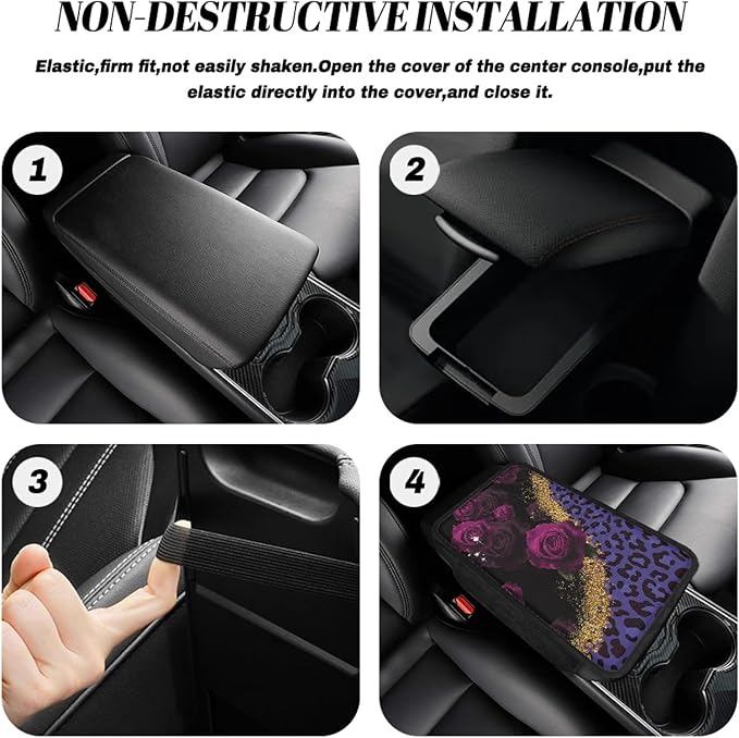CLOHOMIN Purple Rose Car Arm Rest Covers Leopard Print Auto Armrest Pad with 2 Pockets Automoblie Interior Accessories Car Center Console Armrest Cushion Cover Fit for Most Vehicles