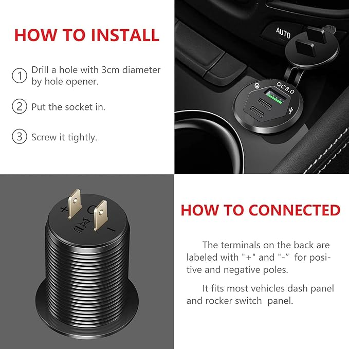 12V USB Outlet Wire USB Charger Multi Port, Dual PD3.0 USB-C and Quick Charge3.0 Car Port Socket IP66 Waterproof, Fast Charge for Phone lPad Android Phones, Suitable for Car Boat RV Marine ATV