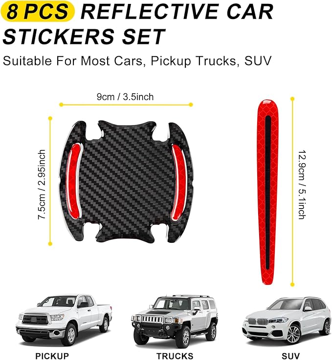 8 Pcs Reflective Door Handle Stickers, PVC Car Door Cup Protectors, Universal Auto Door Handle Protective Film, Anti-Scratches Stickers for Most Cars, SUV and Vans (Red)