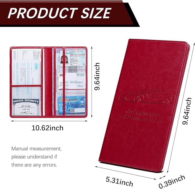 Peisicne Car Registration and Insurance Card Holder for Women Men, Red Glove Box Paperwork Organizer with Magnetic Buckle for Easy Access and Protect Documents and Various Cards in Vehicle