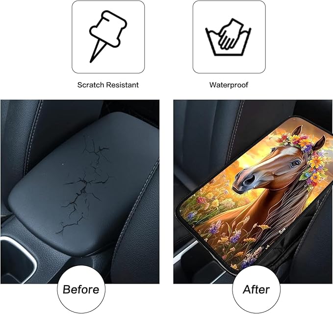 JANENFNA Car Armrest Cover Pads Universal Fashion Cute Auto Center Console Armrest Cover Pad with 2PCS Car Coasters Soft Waterproof Car Armrest Seat Protector for Women,Sunset Flower Horse