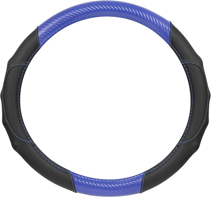 Motor Trend GripDrive Carbon Fiber Steering Wheel Cover, Non-Slip Sporty Racing Faux Leather Ergonomic Comfortable Handle, Steering Wheel Cover for Cars Trucks Vans SUV - Fits Standard 15 Inch - Blue