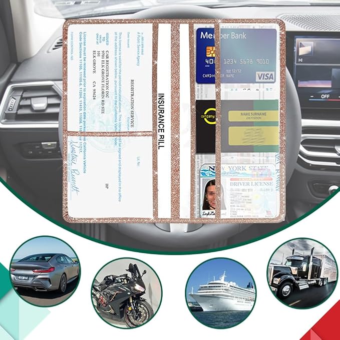 Vehicle Glove Box Car Organizer, Car Registration and Insurance Holder, Insurance Card Holder for Cars, Car Registration and Insurance Card Holder Interior Accessories for Women(Glitter-Rose)
