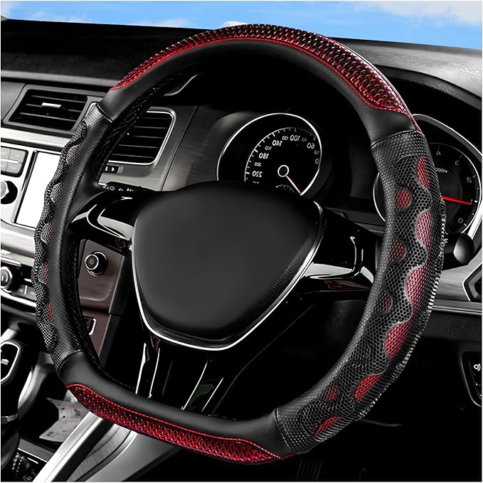 Car Steering Wheel Cover, 15 Inches Leather Comfy Grip Steering Wheel Protector with 3D Honeycomb, Anti-Slip D-Shaped Wheel Wrap Cover for Most Vehicles, Car Accessories (Red)