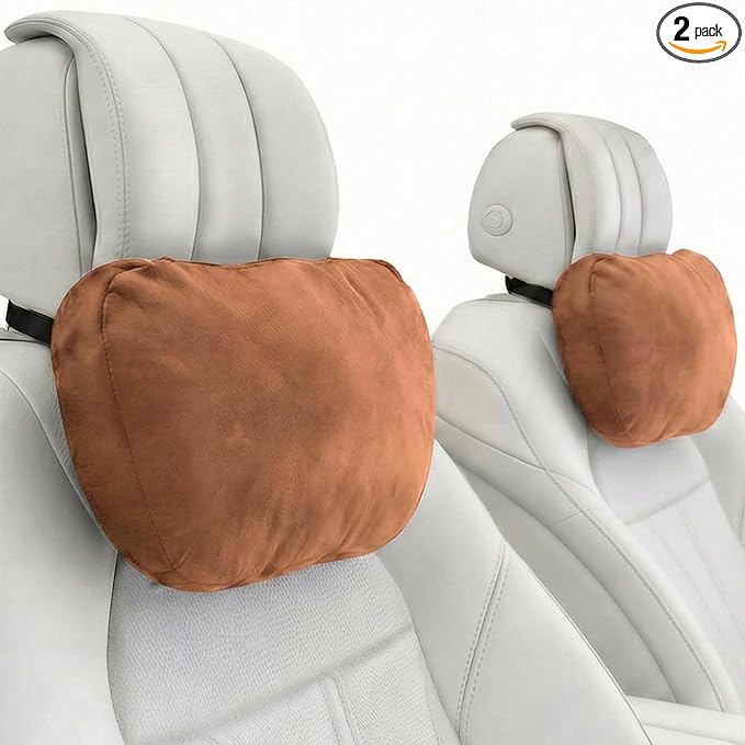 2PCS Car Pillow for Car Neck Pillow for Driving Seat Leather Neck Support Soft Cushion Back Support Head-Rests for Vehicle Sleeping with Elastic Adjustment Strap (Brown, Head)