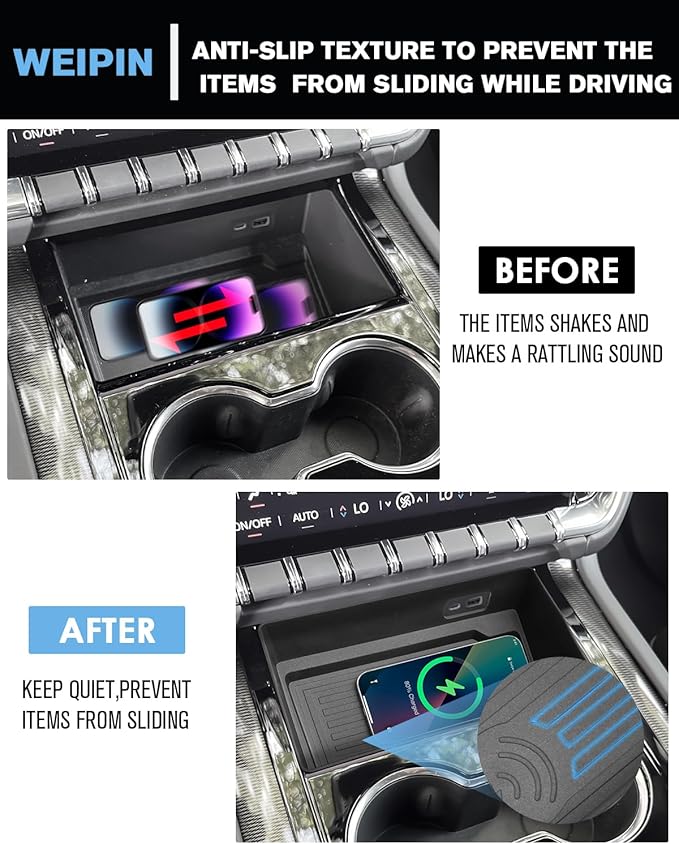 WEIPIN for 2Pcs Center Console Organizer Tray ABS Materials& TPE Wirless Mats Storage Box Compatible with 2025-2026 GMC Yukon (Elevation/AT4) - Only Compatible with Console Without Cover
