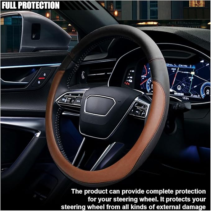 14.5"-15" Car Steering Wheel Cover, Microfiber Leather Cover, Anti-Slip Breathable Steering Wheel Decoration, Universal Steering Wheel Accessories for Diverse Cars (Coffee)