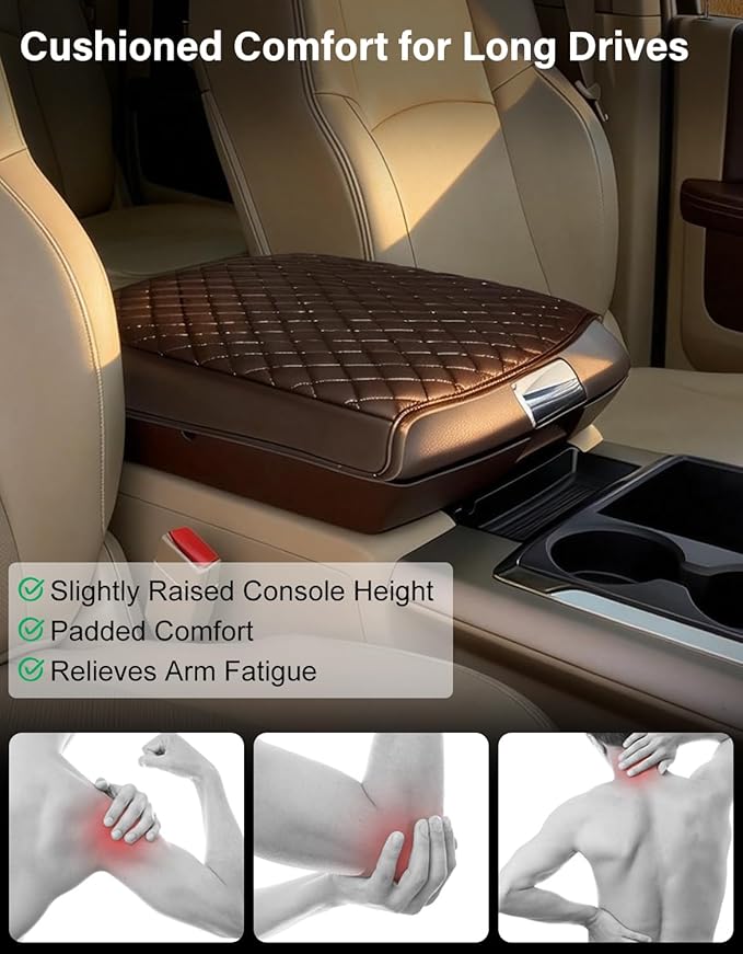 Center Console Armrest Cover for 2009-2018 Dodge Ram 1500 2500 3500 Accessories, Vinyl Leather Middle Console Cover, Anti-Scratch, Brown (Fits Bucket Seat Console Only)