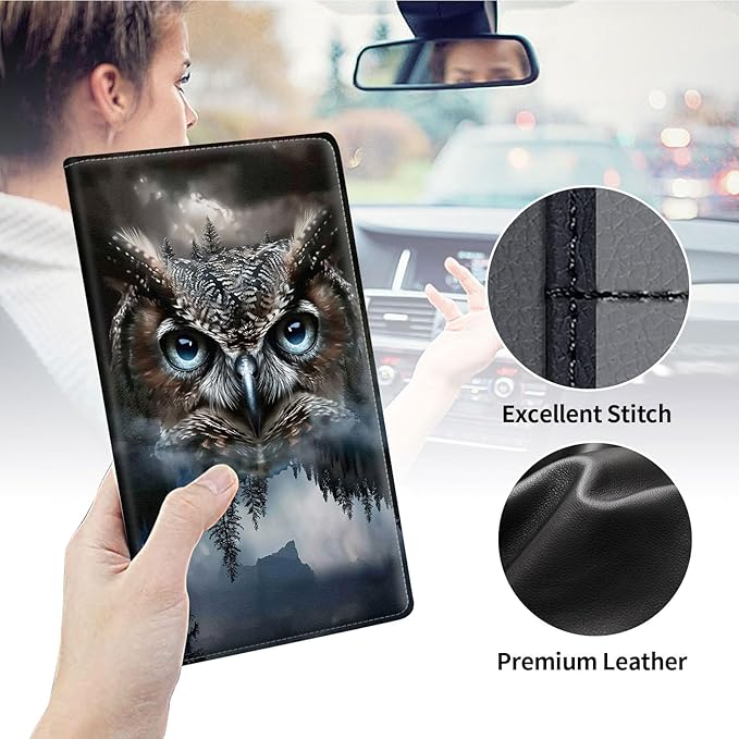 Qindaiwen Car Registration and Insurance Holder, Vehicle Card Document Elastic Band Closure Glove Box Organizer, Driver License Cards, Car Accessories for Essential Info, Owl