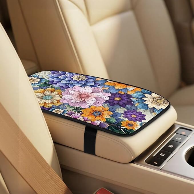 Qeluxign Automotive Seat Covers Colorful Hippie Flower 5 Piece Universal Fit Car Accessories with Soft 2 Pack Seat Belt Cover Pads and Center Console Armrest Covers for SUV Truck Interior Set