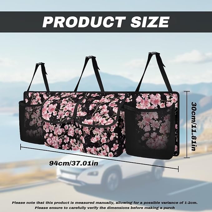 Cherry Blossom Car Trunk Organizer, Oxford Backseat Storage Bag with 4 Pockets, Waterproof Adjustable Large Capacity Hanging Collapsible Bag for Most Vehicles, Universal Car Accessories