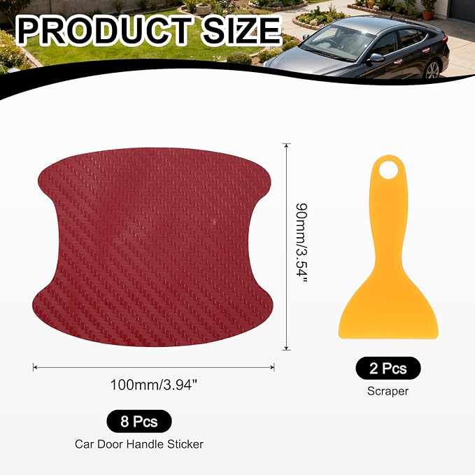 PATIKIL 3.54" x 3.94" Car Door Handle Sticker, 8Pcs Carbon Fiber Anti-Scratches Vehicle Door Cup Protector with Scraper Auto Door Handle Protective Film for Cars Trucks RV SUV, Burgundy