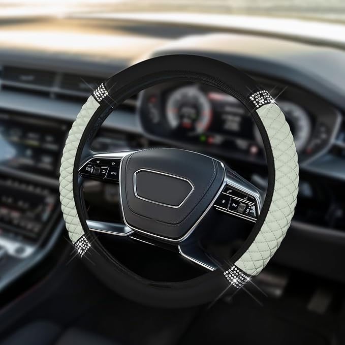 Car Steering Wheel Cover, Steering Wheel Accessories, Breathable Microfiber Leather Auto Wheels Protector, Universal 15 Inch Anti-Slip Protector for SUV Sedan Truck (Bling-White)