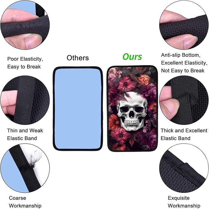 JANENFNA Car Armrest Cover Pads Universal Fashion Cute Auto Center Console Armrest Cover Pad with 2PCS Car Coasters Soft Waterproof Car Armrest Seat Protector for Women,Skull Red Flowers