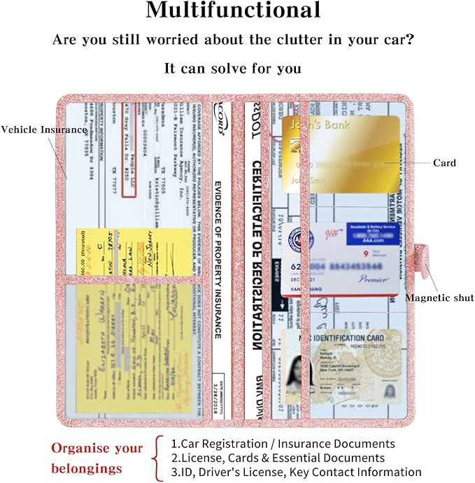 TILDOSAC Car Registration & Insurance Card Holder Leather Auto Glove Box Organizer Document Wallet with Magnetic Shut (Glitter Rose, large)