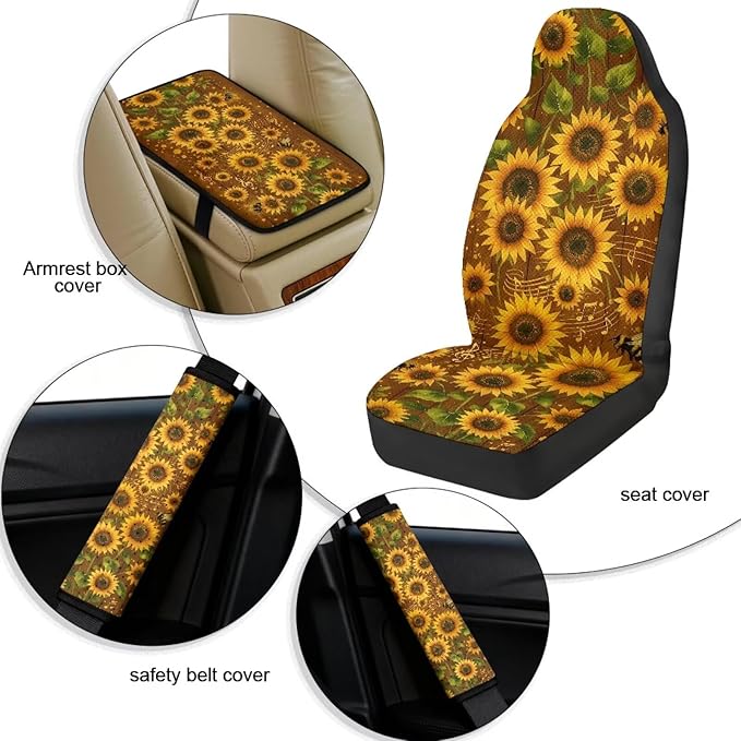 Qeluxign PU Leather Car Seat Covers Set - Includes 2 Seat Protectors, 2 Shoulder Pad Covers, 1 Armrest Cover for Car Decoration,Sunflower Music Notes Bee