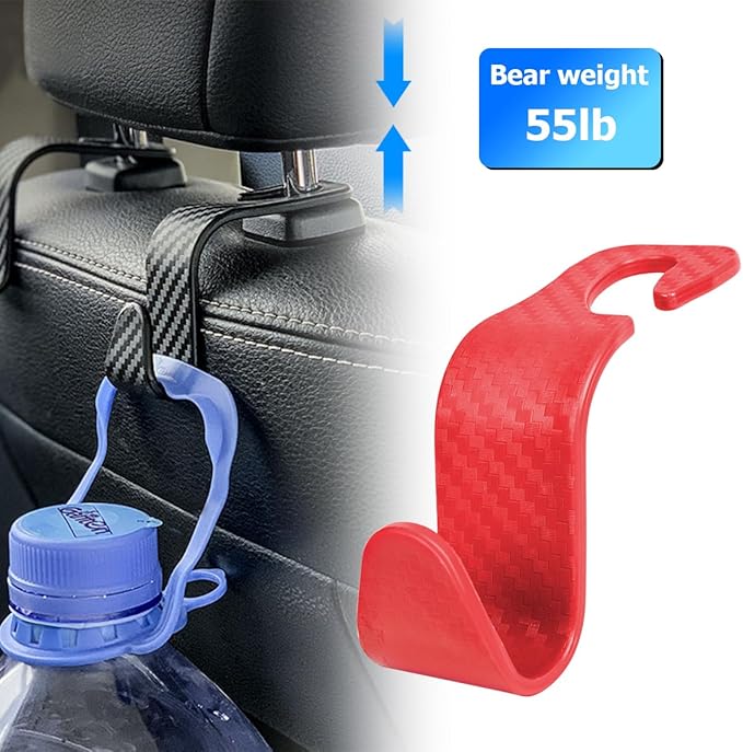 Car Back Seat Headrest Hooks, 4PCS Vehicle Backseat Storage Organizer Hanger, Multifunctional Auto Headrest Hidden Hook Universal for Handbag Purse Backpacks Bags(Carbon Fiber Red)