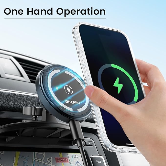 OHLPRO for 15W MagSafe Car Mount Charger for iPhone 17, Fast Wireless Charging, Magnetic CD Slot Holder with 3M Adhesive Base for Dashboard, Aluminum Shell, Compatible with iPhone 16 15 14 13 Series