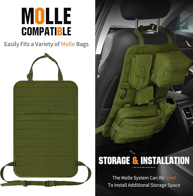IronSeals 2 Pack Car Seat Back Organizer, Tactical Molle Panel Sag Proof Vehicle Seat Cover Protector Nylon Car Seat Back Hanger Bag Pad