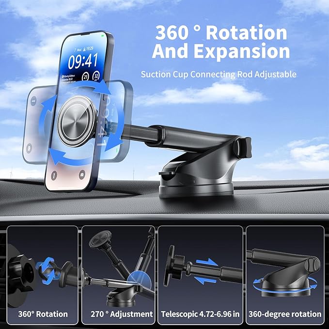 Upgraded Magnetic Phone Holder for Car, 360° Adjustable Car Phone Mount, 3-in-1 for Magsafe Car Mount - Dashboard Windshield & Vent Mount with Strong Suction, Car Phone Holder for iPhone12-17 Series