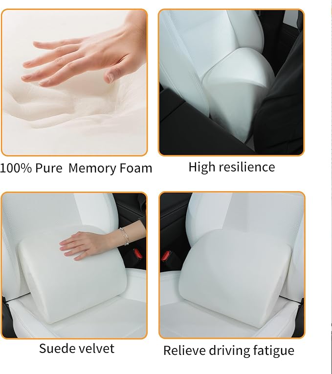 Arcoche Memory Foam Lumbar Support Pillow for Tesla Model 3 Model Y Model S/X Cybertruck Model 3 Hidden Model Y Juniper Accessories - Mid/Lower Back Support Cushion for Car Seat (White)
