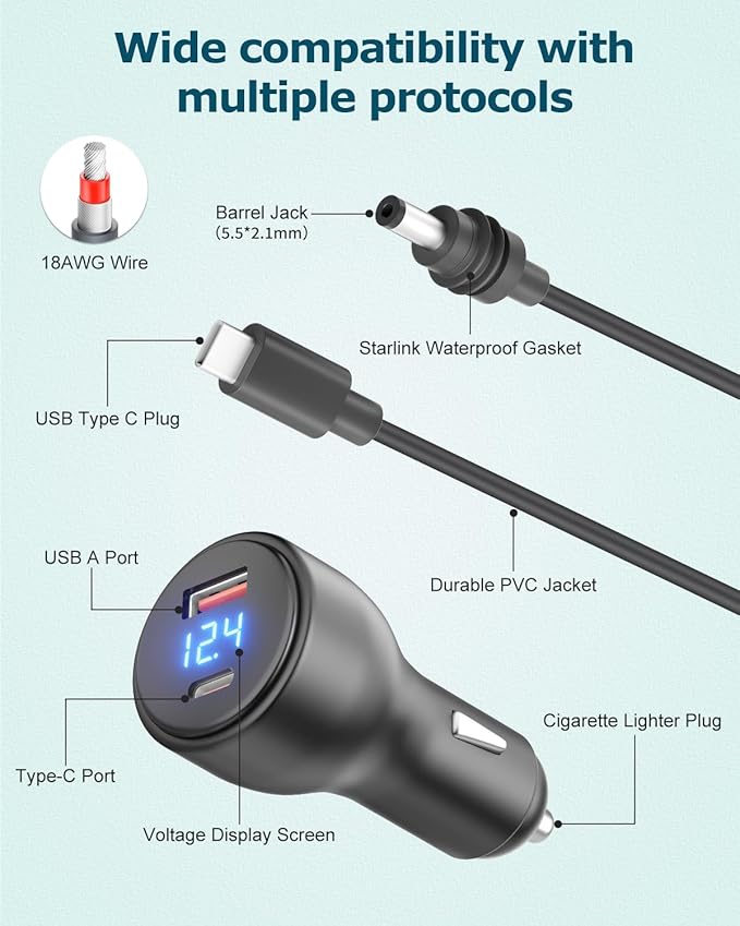 Starlink Mini Car Adapter 10FT, 12V to 20V DC Step Up Converter with 100W, Starlink Mini 12V Charger Car Cigarette Lighter Smart Boost 20V100W with Voltmeter Supports 23M USB C to DC Power Cable