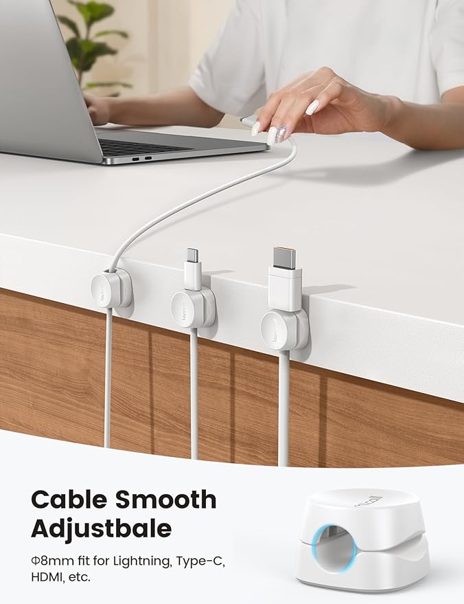 8Pack Cord Organizer [1s Lock] Spring Cable Management Clips - Lamicall Desk Organizer Cord Holder, Adhesive Cable Clips, Phone Charger Wire Keeper for Nightstand Car Office Supply Accessories, White