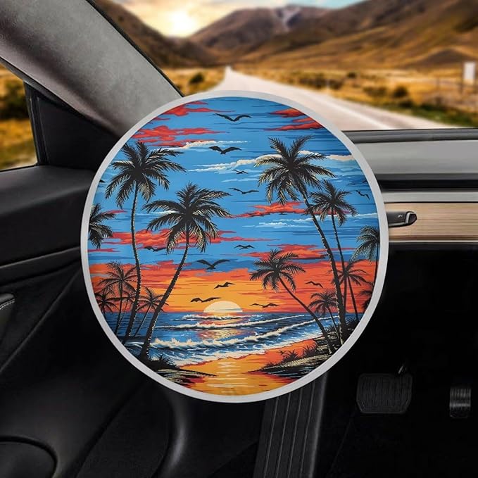 Hawaiian Steering Wheel Reflector Protector Sunset Vehicle Steering Wheel Sun Shade Cover 17 Inch Heat Resistant Car Rudder Sunshade Summer Essential Gift for Holiday