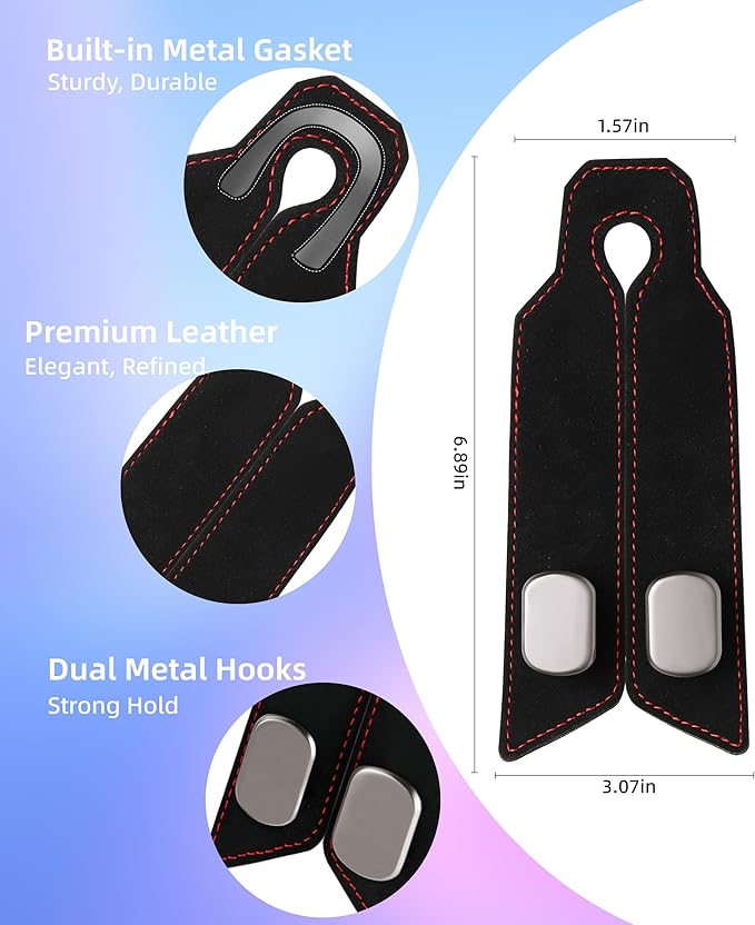 atFivoy 2Pcs Car Headrest Hooks with Premium Leather, Upgraded Double Metal Hooks with Anti-Drop Design, Universal Back Seat Hanger for Bags, Coats, Purses and Groceries (Classic Black)