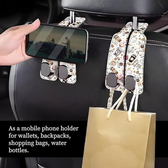 NUGGHU Car Seat Headrest Hook, Universal Leather Cute Hanger Holder Hook, Storage Organizer Interior Accessories for Purse Bags Handbag Funny Coffee Pattern
