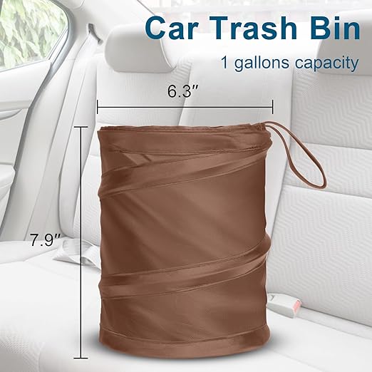 Kincown Car Trash Can, 2 Packs Mini Collapsible Car Trash Bin for Front Back Seat, Pop up Car Garbage Can, Portable Car Trash Bag Hanging for Vehicle SUV Rv Truck Accessories Interior, Brown