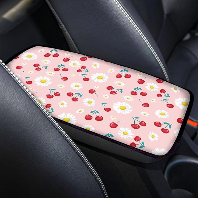 Mintutlipy Pink Cherry Automotive Center Console Cover Storage Box Mat Car Accessories Decoration Waterproof Car Armrest Protector
