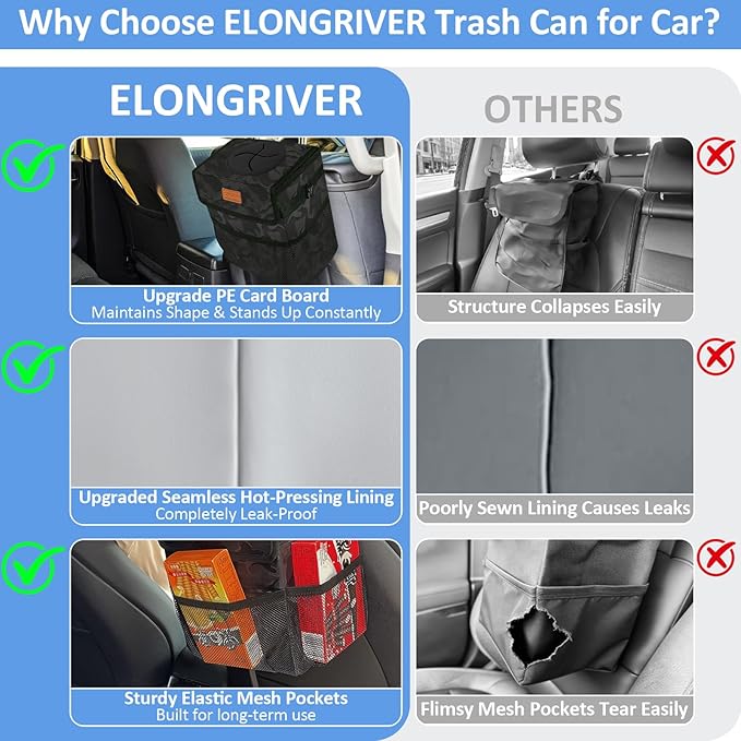 Car Trash Can Bin for Back Seat Leak Proof, Cute Car Trash Bag Hanging, Vehicle Trash Can for SUV Truck Van, Automotive Garbage Cans Front Seat Camo Black