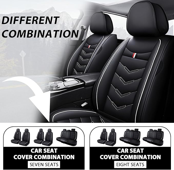 MVRVMV 3 Row 7 Seater Seat Covers for GMC Acadia 2007-2026, Airbag Compatible Front and Rear Split Bench Leather Auto Seat Protectors (7 Seat Standard, Black-White