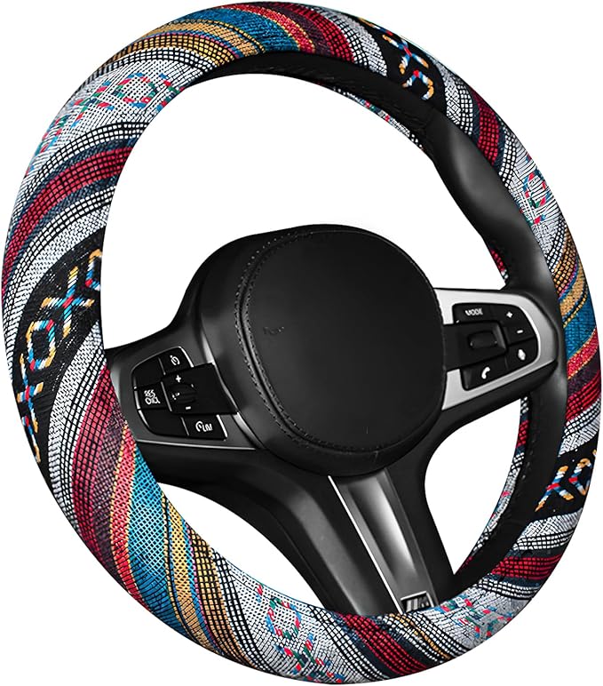 Boho Car Steering Wheel Cover, Ethnic Style Anti-Slip Coarse Flax Cloth Auto Wheel Cover, Bohemian Steering Wheel Protector for Most SUVs Vans Trucks, Car Accessories (Style D)