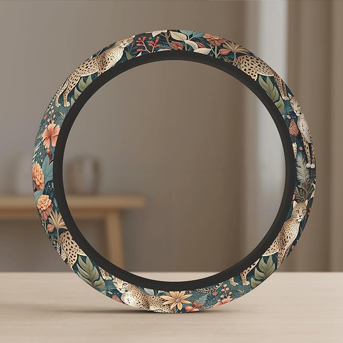 Cute Steering Wheel Cover for Women, Machine Washable Universal 14.5-15.5 inch Non-Slip Grip All Weather Use (Leopard Print)