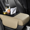 Car Center Console Armrest Pad, Arm Rest Box Cushion with Ergonomic Height Boost, Storage Pockets, Built-in Tissue Box, Cupholder, Fit for Most Sedan Vehicles (Embroidery Water Ripple, Beige)