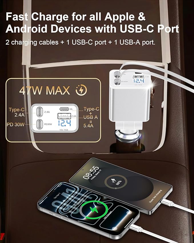 Retractable Car Charger USB C, 4 in 1 Fast Car Charging Adapter With 2 Flexible USB C Cable for iPhone 17 Samsung Android Phones, USBC Cigarette Lighter Gift for Men Car Gadget Electronics Accessories