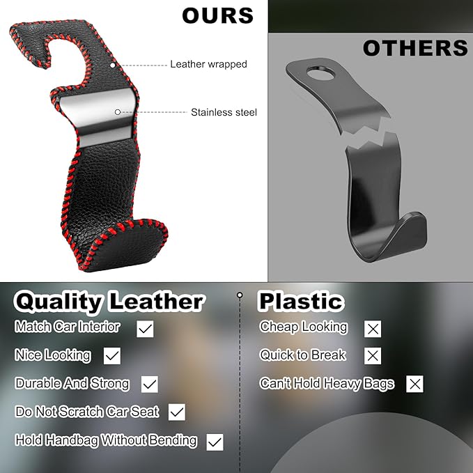 Car Seat Hooks for Purses and Bags, 4 Pack Car Purse Holder for Grocery Bag Handbag Clothes, Metal Headrest Hooks Covered by Leather, Black Red