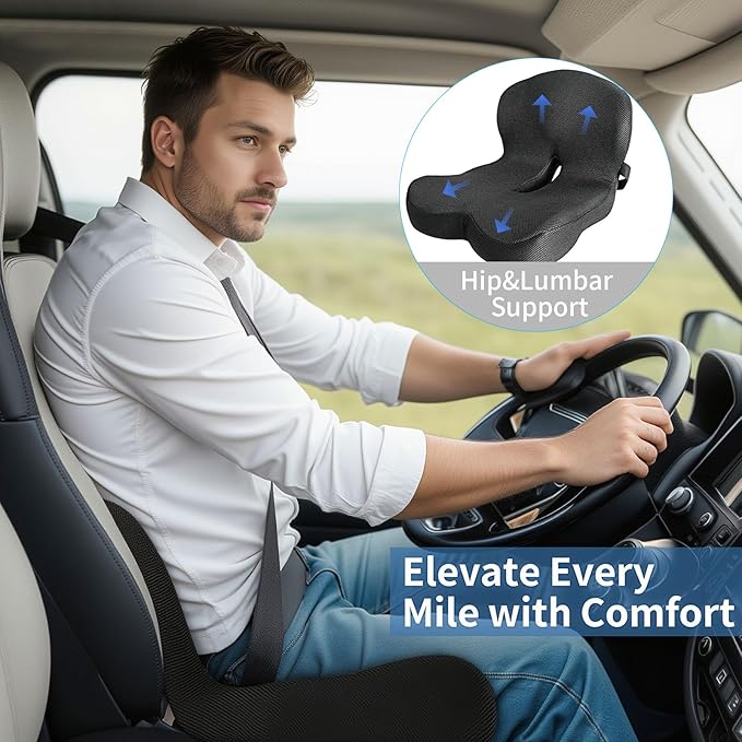 XZdream Memory Foam Seat Cushion,Office Chair Cushion with Lumbar Support for Back Pressure Relief, Car Seat Cushion with Adjustable Strap,Sciatica Pad Cushions for Car,Truck (Black+Mesh Cloth)