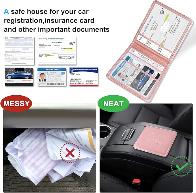 DMLuna Car Registration and Insurance Holder, Folio Leather Vehicle Card Document Glove Box Organizer, Auto Truck Compartment Accessories for Essential Information, Driver License Cards, Rose Gold