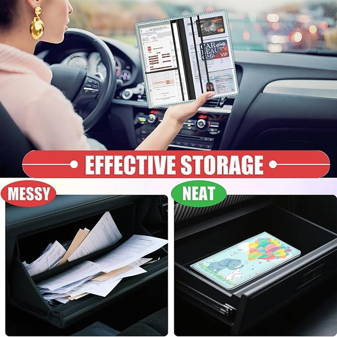 Car Registration Holder, Waterproof PU Leather Vehicle Card Document Glove Box Organizer, Women Interior Auto Accessories Case for Cards, Driver License Car Insurance Holder, Cute Cartoon Elephant