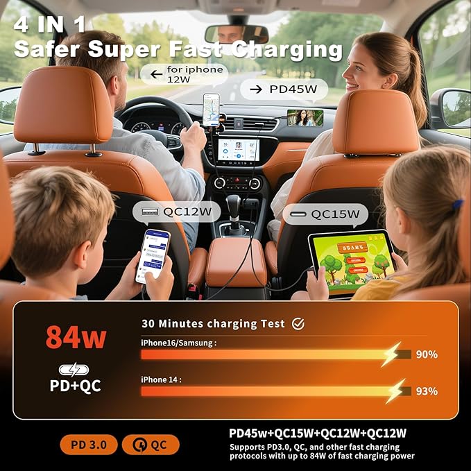 Retractable Car Charger, 84W Car Charger USB C 4 in 1, Car Accessories Fast Charging Car Charger Adapter for iPhone 17 16 15 14 13 12 Pro Max, Samsung, Pixel | Travel Essentials Gifts for Men Women