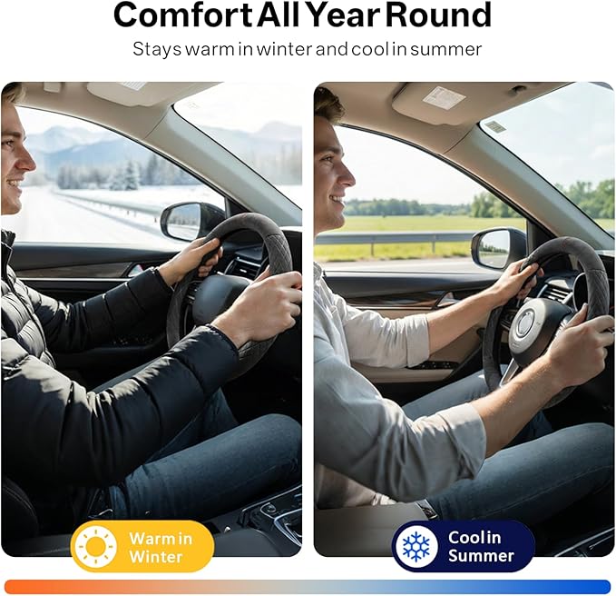 PAUUOOA Alcantara Sports Steering Wheel Cover 14.5" to 15" Fit - Anti-Slip Comfort Grip, Durable Soft Suede-Feel Luxury Material for Men Drivers | Fits Sports Cars, Luxury Cars, Sedans, SUVs and EV