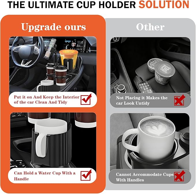 Car Cup Holder Expander， 5in1 Cupholder Expande with 2.3" to 3.6",Cup Holder Tray for Car Detachable with Large Food Tray Phone Mount, for Travel Auto Trucker Road Trip Essentials