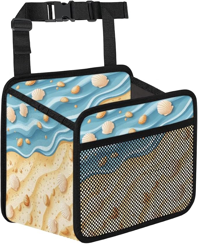 Beach Sea Shell Ocean Car Backseat Organizer PU Leather Automotive Back Seat Storage Bag Universal Hanging Garbage Box Travel Accessories Foldable