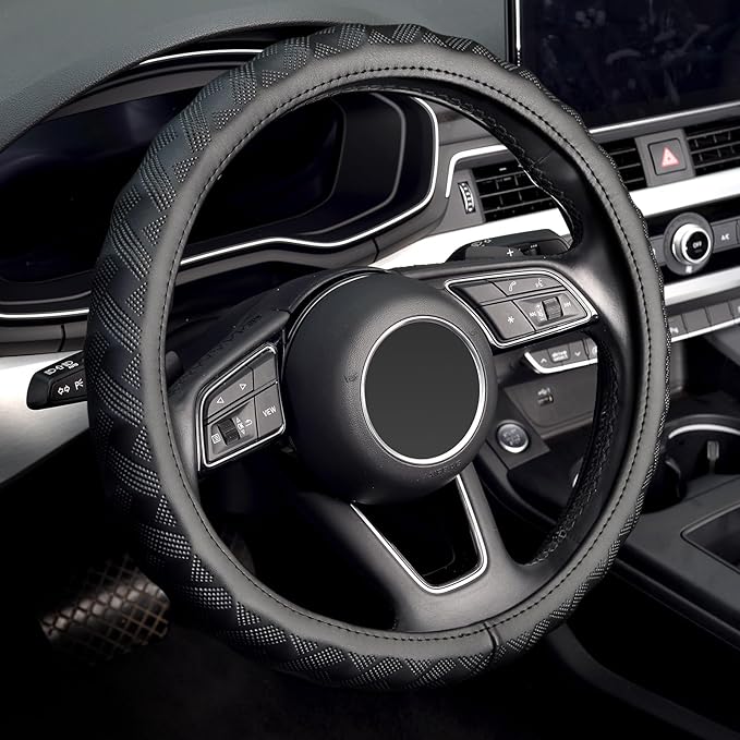 KAFEEK Steering Wheel Cover, Universal 15 inch, Microfiber Leather, Bamboo Weave Style,Breathable Non-Slip,Black