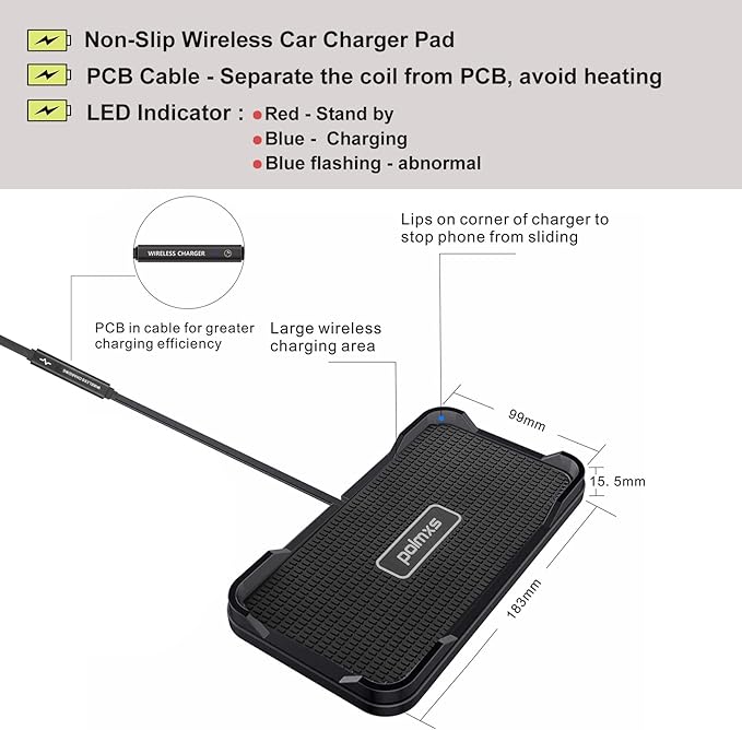 Wireless Charger Car Charging pad,Polmxs 15W Fast Wireless Phone Charger Cell Phone Cordless Charging mat Compatible with iPhone 11/12/12/14/15 Galaxy S21/S22/S23/24 (C12Y)
