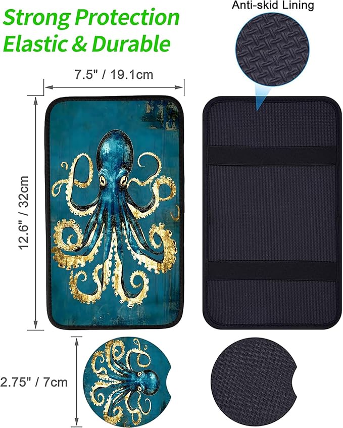 JANENFNA Car Armrest Cover Pads Universal Fashion Cute Auto Center Console Armrest Cover Pad with 2PCS Car Coasters Soft Waterproof Car Armrest Seat Protector for Women,Blue Gold Octopus